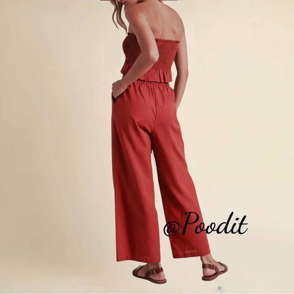 KLESIS rust wide leg smocked top linen two piece set sz MEDIUM - Picture 2 of 3